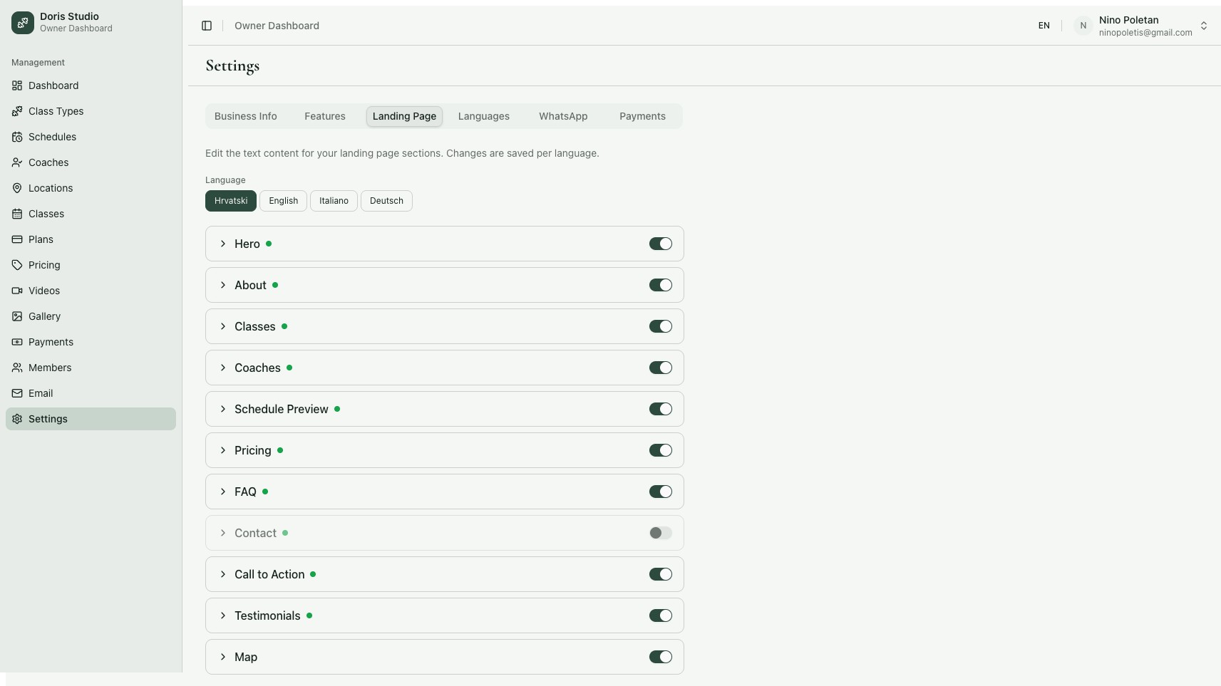 Dynamic landing page editor with section toggles