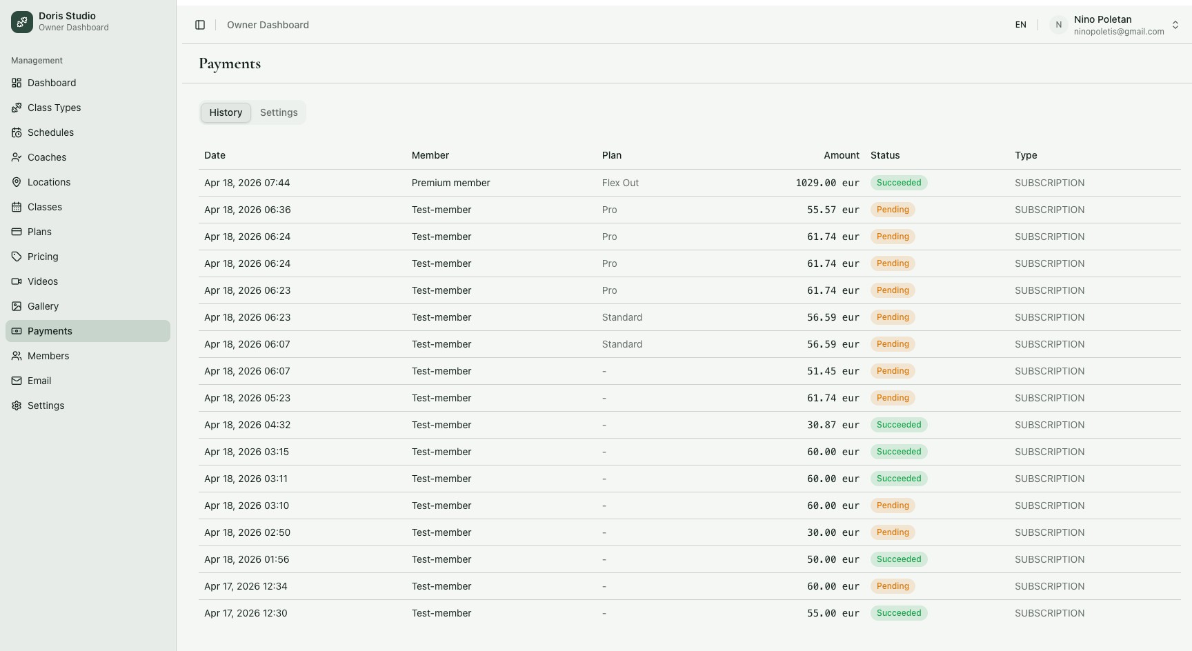 Stripe payment history and subscriptions